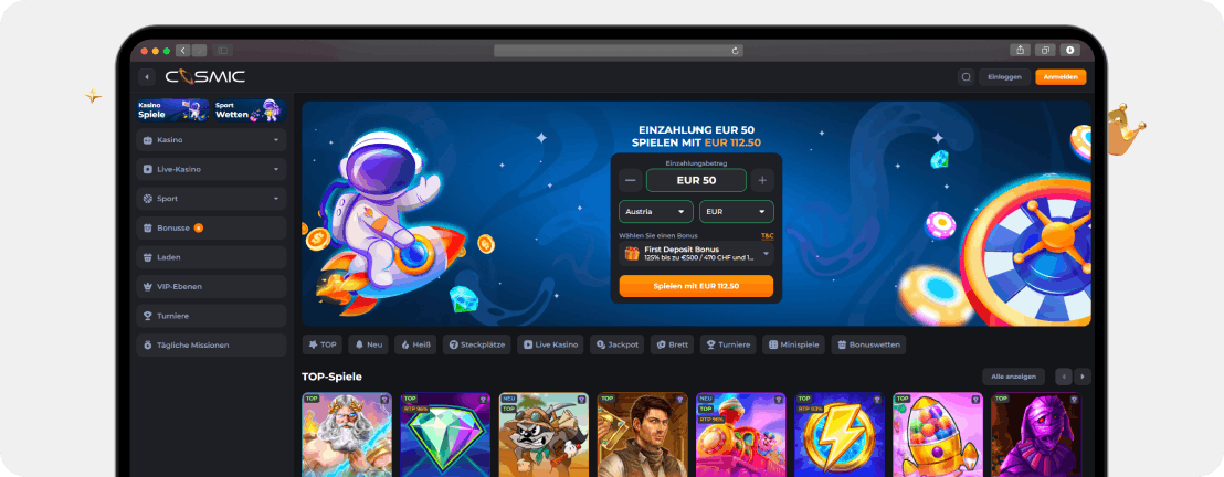 CosmicSlot Casino Lobby mit Live-Tischspielen und Slot-Auswahl ohne deutsches Einsatzlimit