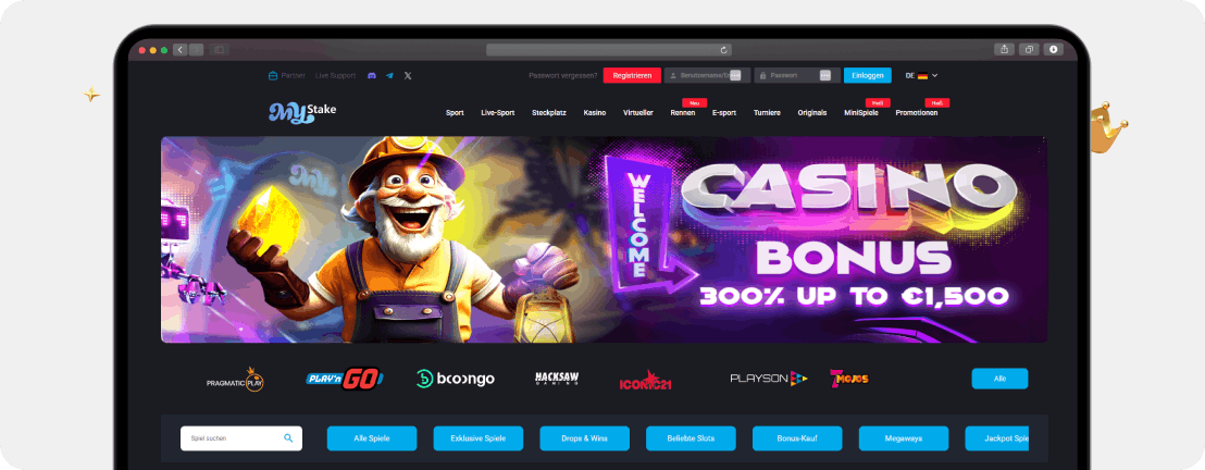 MyStake Casino Menü mit Spielkategorien, Live-Casino und Krypto-Zahlungsoptionen