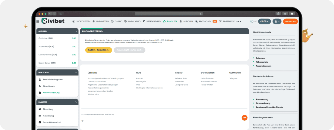 Ivibet Kontoverifizierung mit Upload-Bereich für Identitäts- und Adressnachweis im KYC-Prozess