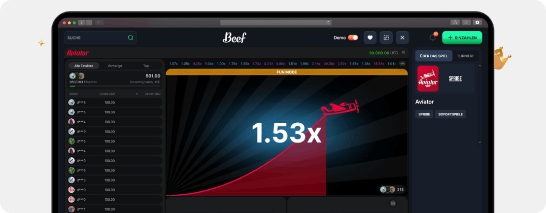 Screenshot Aviator von Spribe bei Beef Casino, einer der beliebtesten Titel im Crash Casino überhaupt