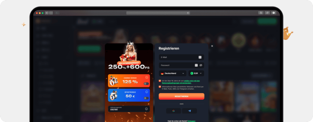 BEEF Casino Registrierung mit Aktivierungscode OSC100 im Formular