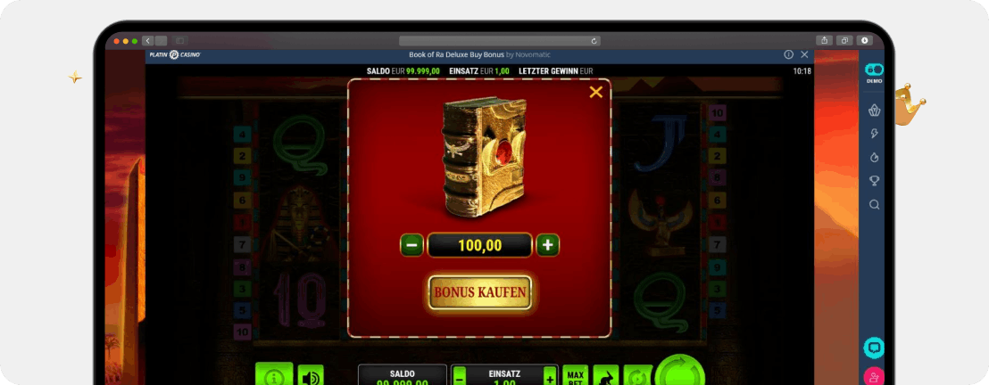 Screenshot Book of Ra Deluxe Buy Bonus von Novomatic im Platincasino als einer der besten Slots zum Freispiele kaufen