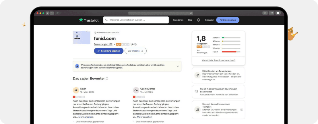 Screenshot FunID Casino Bewertungen bei Trustpilot mit einem durchwachsenen Rating von 1,8
