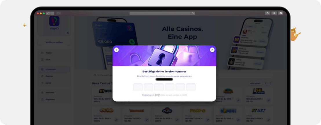 Screenshot Maske für die Eingabe des SMS-Bestätigungscodes bei FunID als vierter Schritt der Registrierung in den besten FunID Casinos