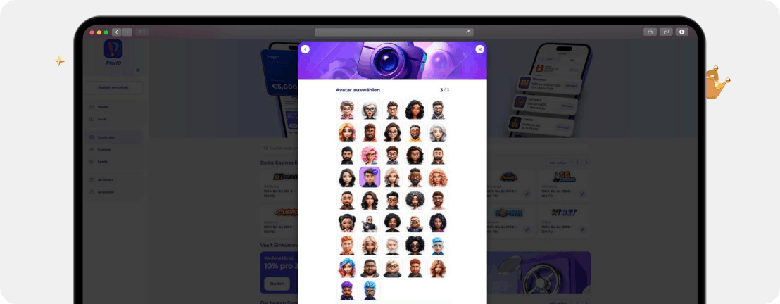 Screenshot Maske für die Auswahl eines Avatars bei FunID als siebter Schritt der Registrierung in den besten FunID Casinos