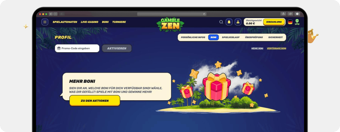 Screenshot persönlicher Bonusbereich im Account mit Bonusübersicht und Feld für die aktuellen Gamblezen No Deposit Bonus Codes