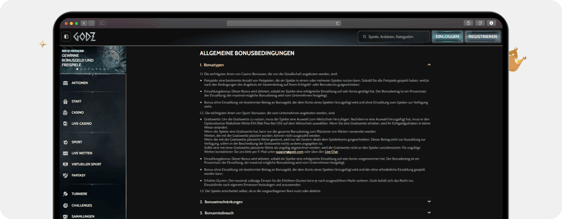 Godz Casino allgemeine Bonusbedingungen mit Umsatzanforderungen und ausgeschlossenen Spielen