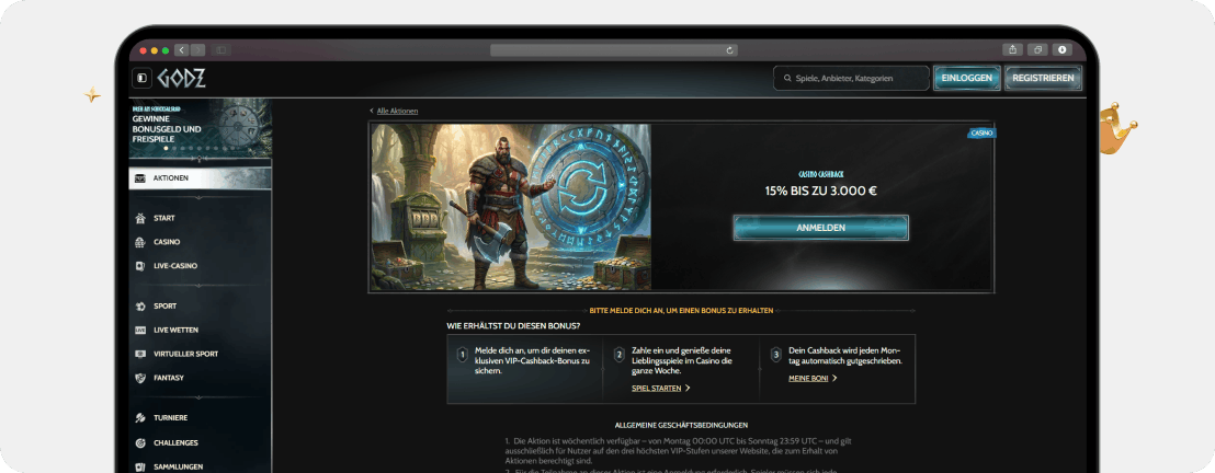 Godz Casino Cashback 15 Prozent bis 3.000 Euro wöchentlich für VIP-Spieler mit Wikinger-Krieger