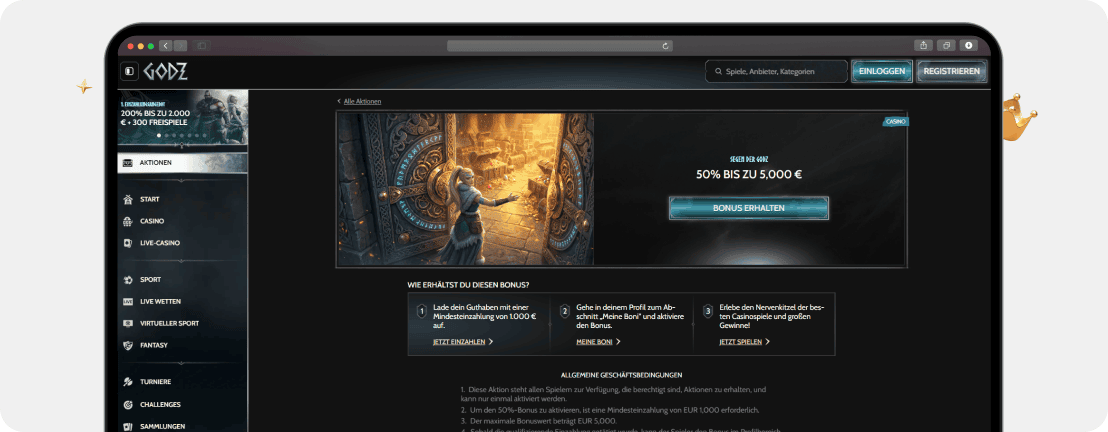 Godz Casino Segen der Godz Bonus 50 Prozent bis 5.000 Euro mit Wikinger-Schatzkammer