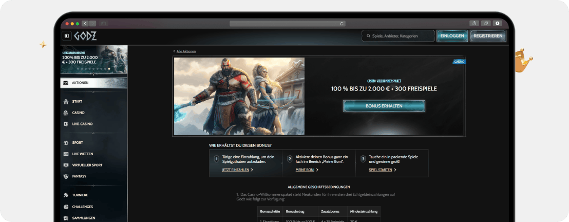 Godz Casino exklusiver 200 Prozent Einzahlungsbonus bis 2.000 Euro plus 300 Freispiele mit zwei Wikinger-Kriegern