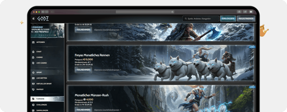Godz Casino Turniere mit Freyas Monatlichem Rennen 15.000 Euro Preispool und Wolfschlitten im Schnee