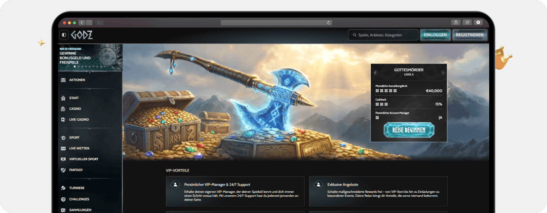 Godz Casino VIP-Level Gottesmörder Stufe 5 mit 40.000 Euro Auszahlungslimit und 15 Prozent Cashback