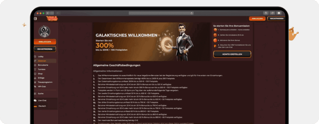 Screenshot High Roller Casino Bonus von Vegazone mit Bonusfaktor von 300 % und transparenten Bedingungen