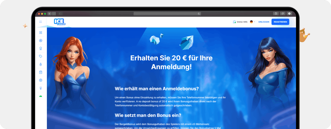 Ice Casino 20 Euro Anmeldebonus ohne Einzahlung mit x5 Umsatz