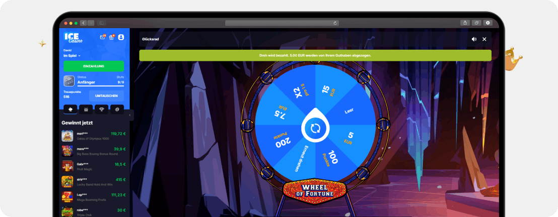 Ice Casino Glücksrad Wheel of Fortune mit Geldpreisen und Wettmultiplikator