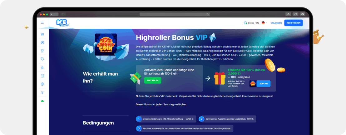 Ice Casino Highroller VIP Bonus 150 Prozent bis 2.000 Euro plus 100 Freispiele
