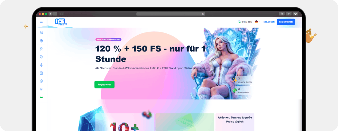 Ice Casino Turbo Willkommensbonus 120 Prozent plus 150 Freispiele für eine Stunde
