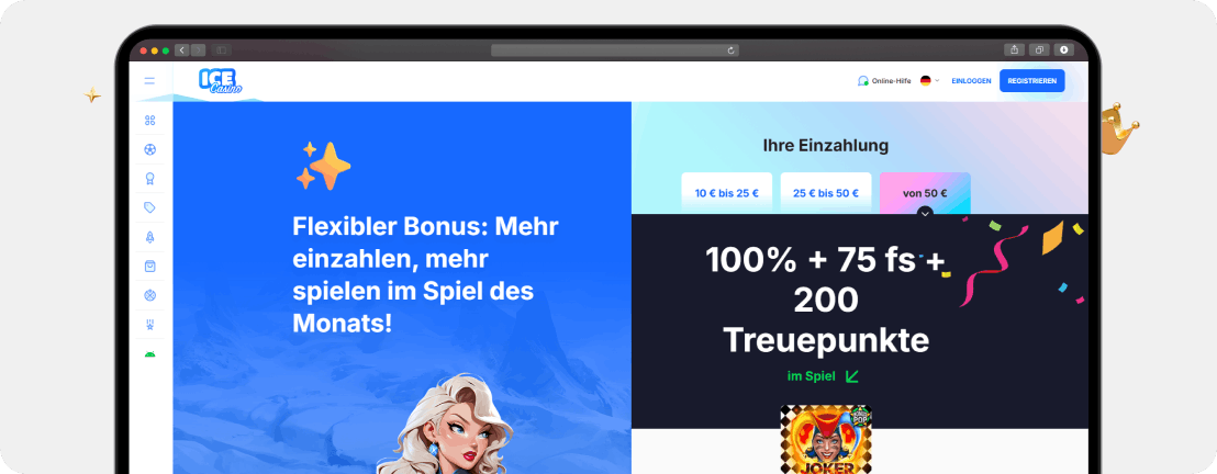 Ice Casino flexibler Bonus 100 Prozent plus 75 Freispiele nach Einzahlungshöhe