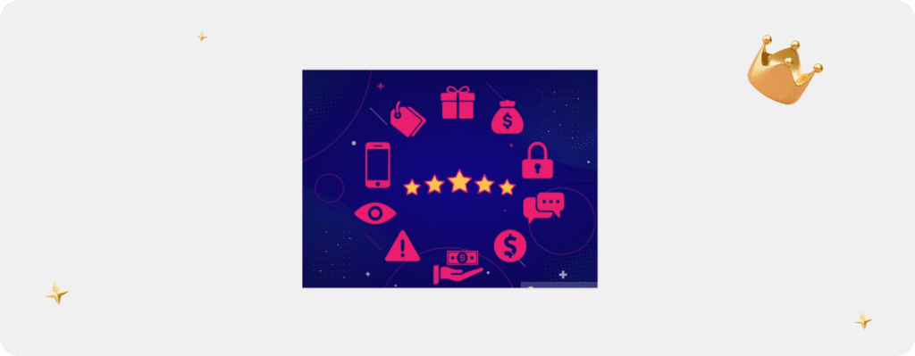 Infografik mit Symbolen der zentralen Bewertungskriterien von Onlinespielcasino.de für die besten Online Casinos