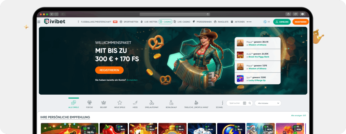 Ivibet Casino Startseite – Willkommenspaket mit bis zu 300 € und 170 Freispielen im Casino ohne deutsche Lizenz
