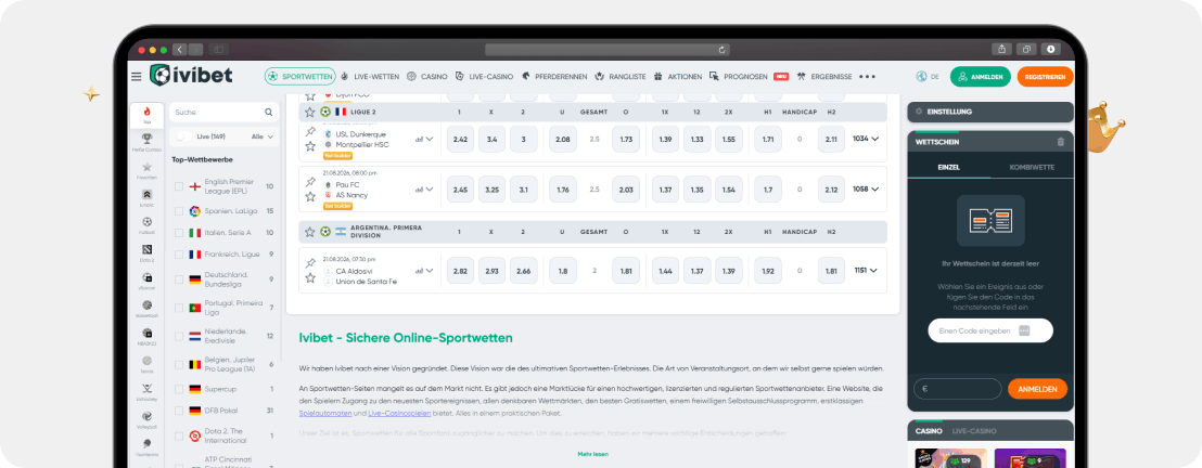 Ivibet Sportwetten ohne LUGAS mit breiter Ligaauswahl und Bet Builder