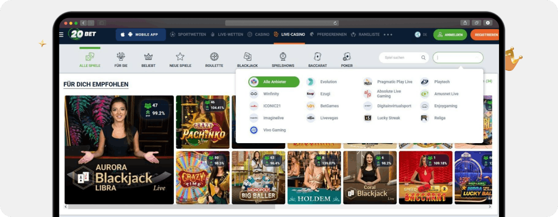Screenshot 20Bet Live Casino mit mehr als 1.000 Tischen als Beispiel für große Auswahl, die in Kahnawake Casinos häufig zu finden ist