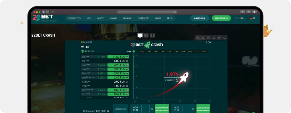 Screenshot 22Bet Crash exklusives Spiel als Beispiel für neue Ideen, die in Kahnawake Casinos häufig zu finden sind