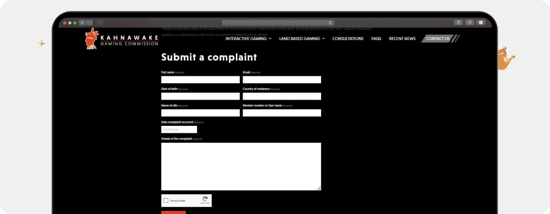 Screenshot Kontaktformular der Kahnawake Gaming Commission zum Einsenden von Kahnawake Casino Beschwerden
