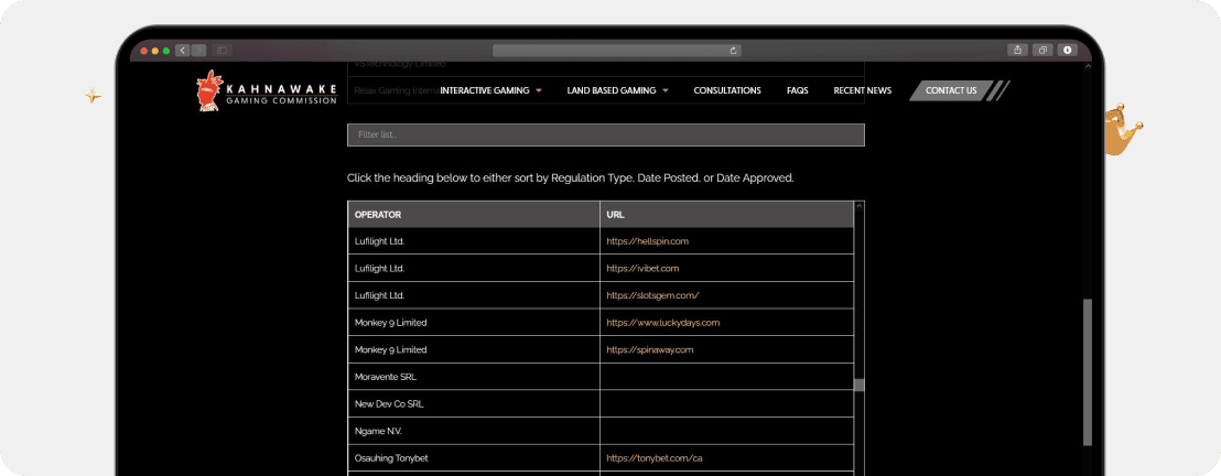 Screenshot Liste mit Lizenznehmern der Kahnawake Gaming Commission, auf der alle Kahnawake Online Casinos eingesehen werden können