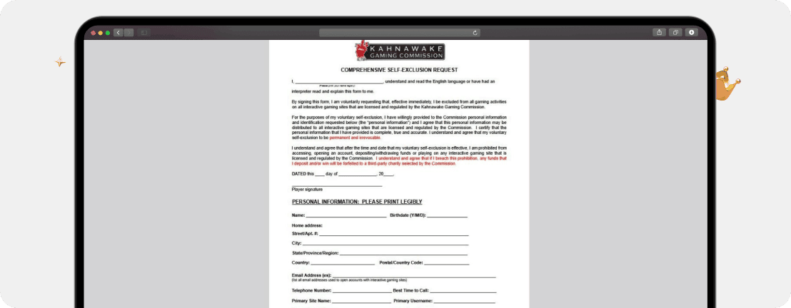 Screenshot Formular der Kahnawake Gaming Commission zum zentralen Selbstausschluss bei allen Kahnawake Online Casinos