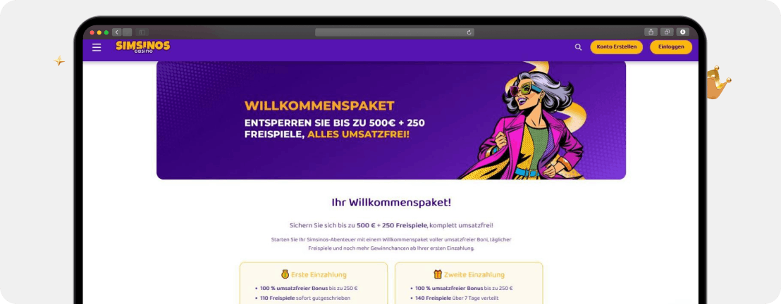 Screenshot Simsinos umsatzfreies Willkommenspaket als Beispiel für ungewöhnliche Boni, die in Kahnawake Casinos häufig zu finden sind