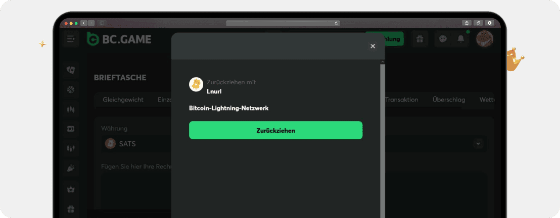 Screenshot Auszahlung per BTC Lightning Network bei BC.Game, einem der größten Krypto Casinos aktuell