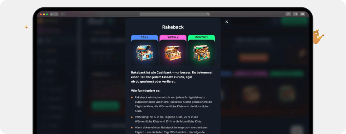 Screenshot Rakeback bei Beef Casino als Beispiel für einen vermutlich KI-unterstützten Cashback im Krypto Casino