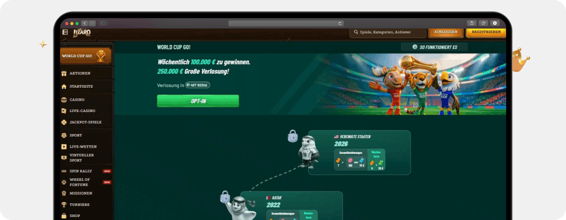 Screenshot Lizaro World Cup Go: 250.000 € Finalverlosung + tägliche Aufgaben als WM Casino Bonus 2026