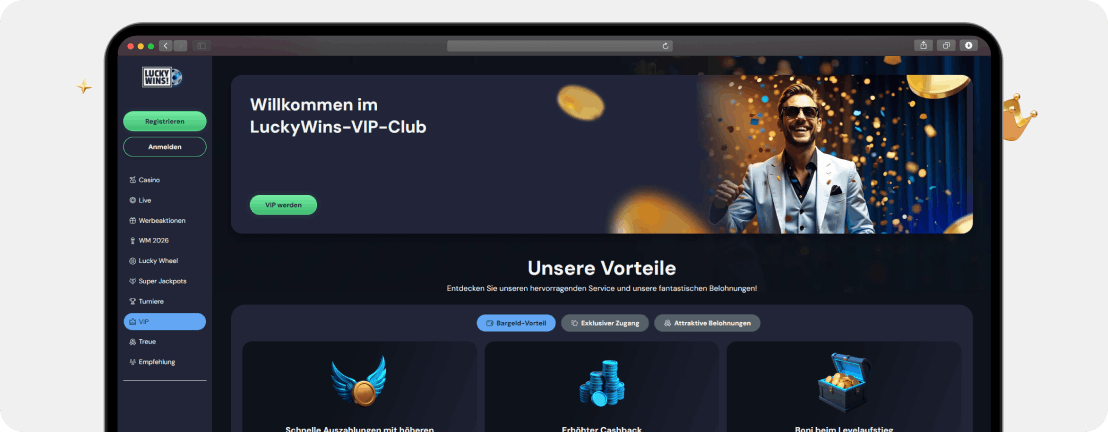 LuckyWins Casino VIP Club mit erhöhtem Cashback pro Einsatz
