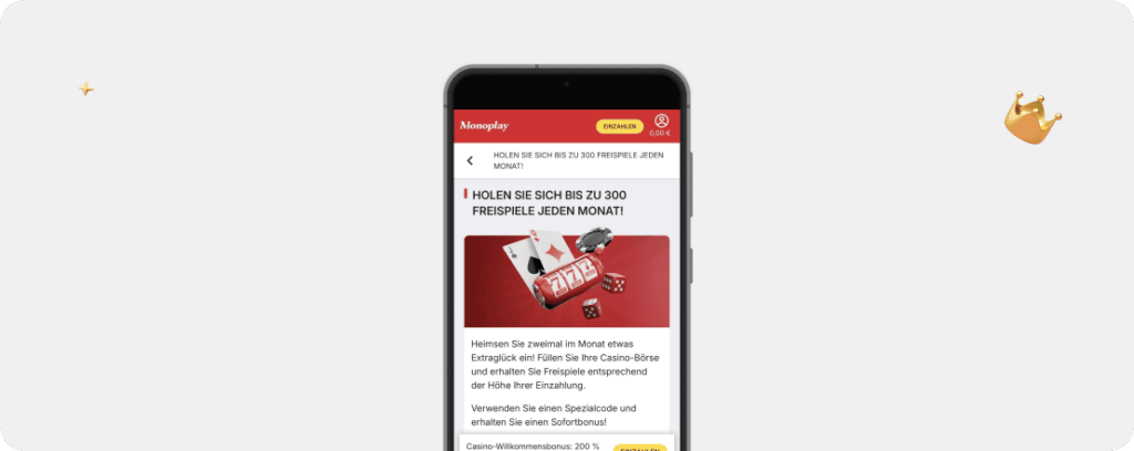 Monoplay Casino Monatliche Freispiele 300 FS Bonuscode Bestandskunden