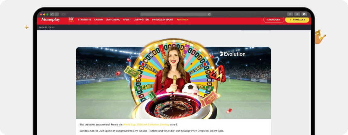 Screenshot Monoplay World Cup Prize Drops: 500.000 € bei Evolution als WM Casino Bonus 2026