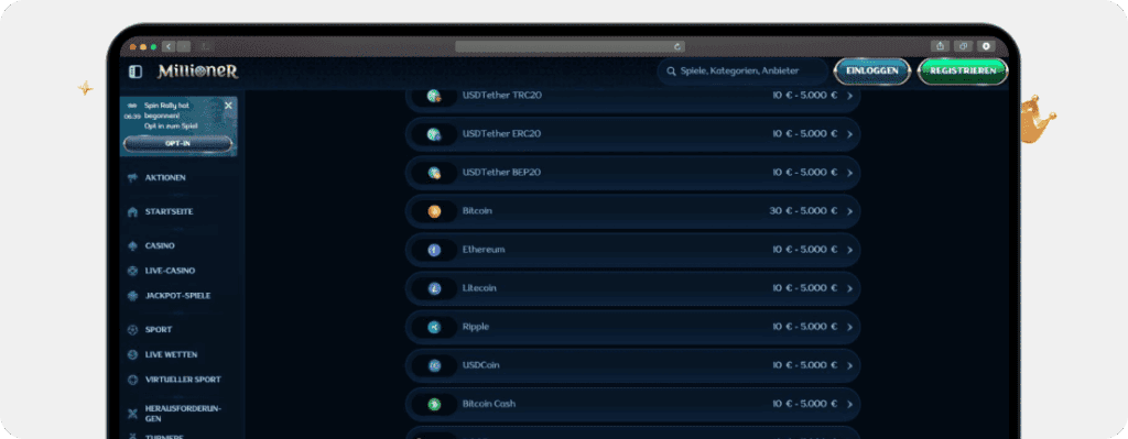 Millioner Casino Zahlungmethoden Screenshot