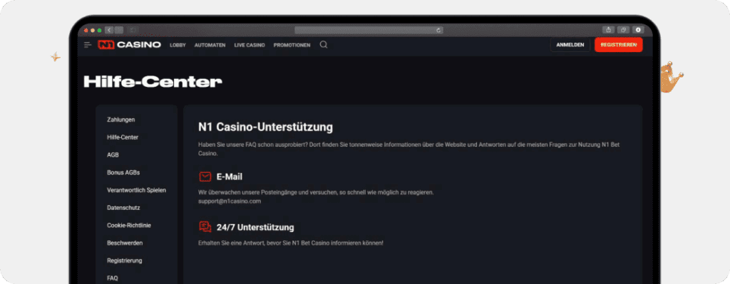 N1 Casino Support Screenshot