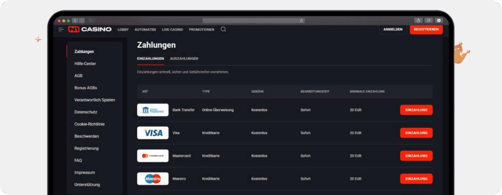 N1 Casino Zahlungen Screenshot