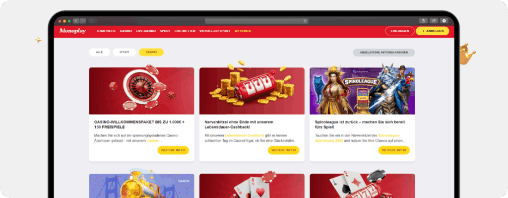 MonoPlay Casino Aktionen Übersicht mit Willkommenspaket, Lebensdauer-Cashback und Spinoleague