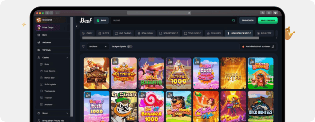 Screenshot High-Roller-Bereich bei Beef Casino, den diese N1 Casino Alternative seiner großen Konkurrenz voraushat