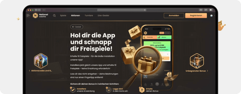 Screenshot National Casino Bonus ohne Einzahlung mit 10 Freispielen für die App-Installation