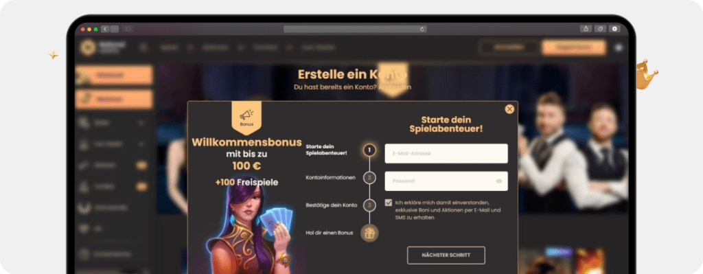 Screenshot Registrierung für den National Casino Bonus mit Eingabefeldern für persönliche Daten