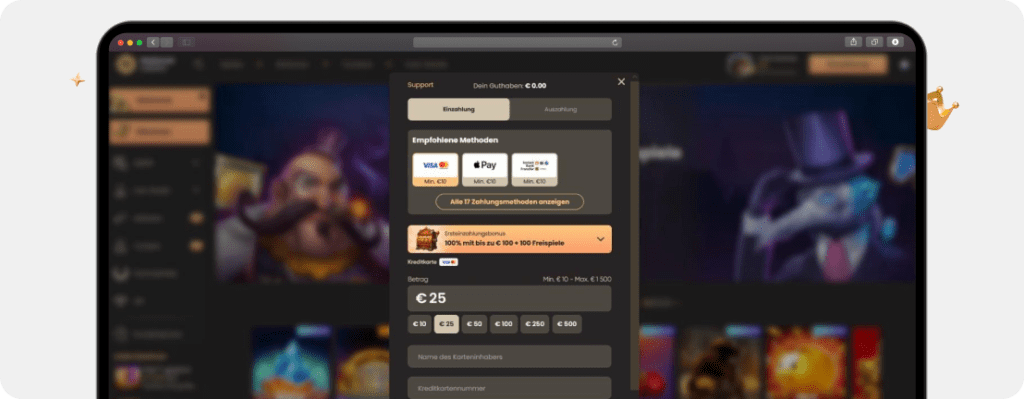 Screenshot Kassenbereich mit Einzahlungsoptionen und Betragsfeld für den National Casino Bonus