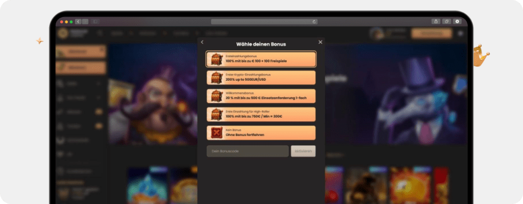 Screenshot Auswahl-Menü für den National Casino Willkommensbonus in der Kasse