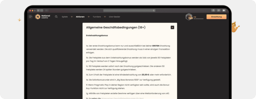 Screenshot Bedingungen zum National Casino Neukundenbonus für die erste Einzahlung mit Umsatzanforderung von 40x