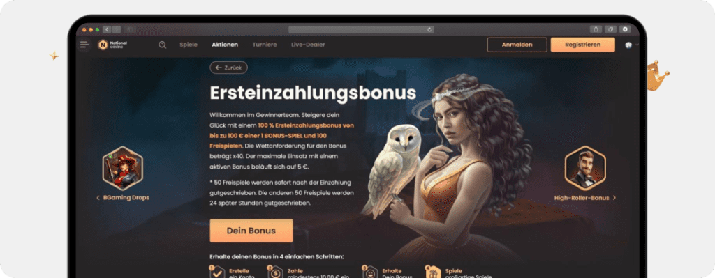 Screenshot erster National Casino Bonus für Neukunden mit 100 % bis 100 € und 100 Freispielen