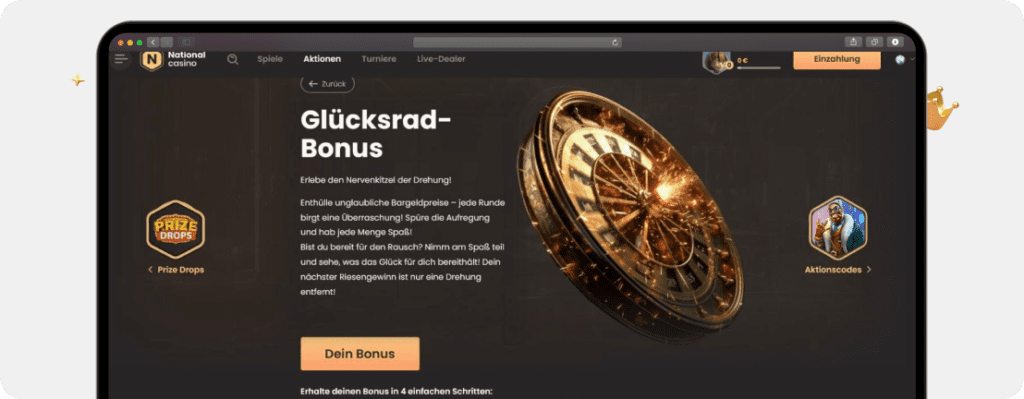 Screenshot National Casino Bonus Glücksrad für bis zu 25.000 € Gewinn