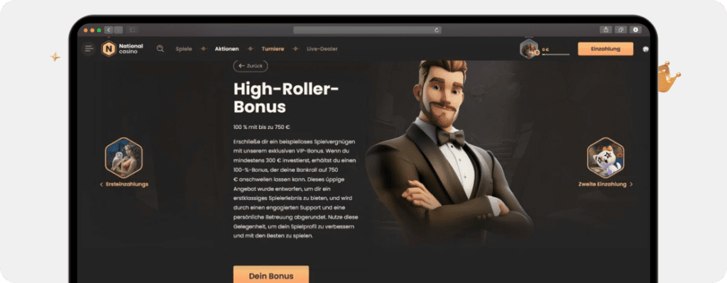 Screenshot National Casino Bonus für High Roller mit 100 % bis 750 €